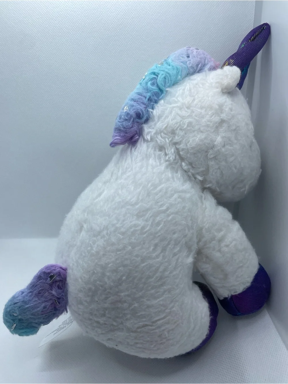 White Unicorn Plush with Iridescent Purple Hooves and Horn Sz Small